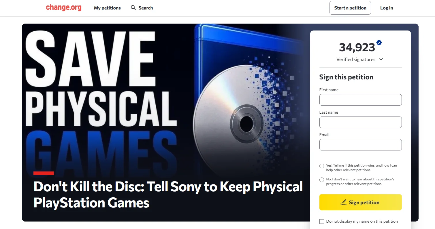 Petice pro zachování herních disků Sony