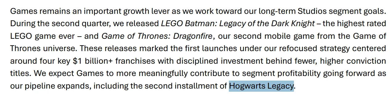 Finanční zpráva potvrzující Hogwarts Legacy 2