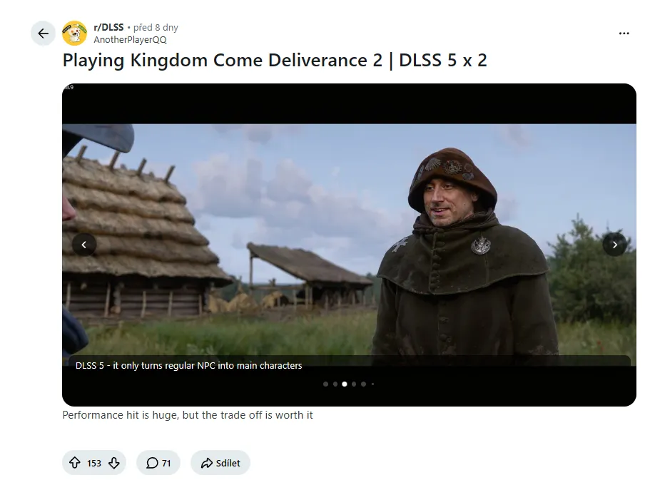 Screenshot z Redditu ohledně DLSS5 x KCD2