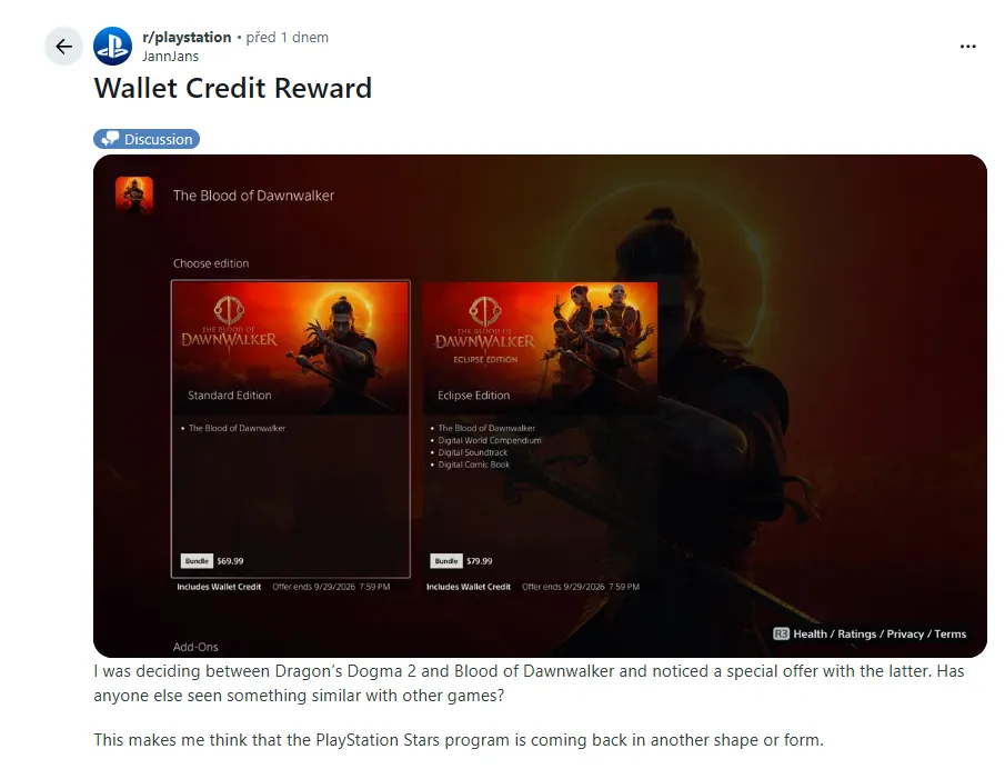 Screenshot z Redditu ohledně cashbacku PlayStationu