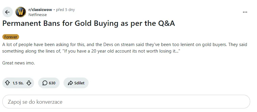 Screenshot z Redditu World of Warcraft ohledně goldů
