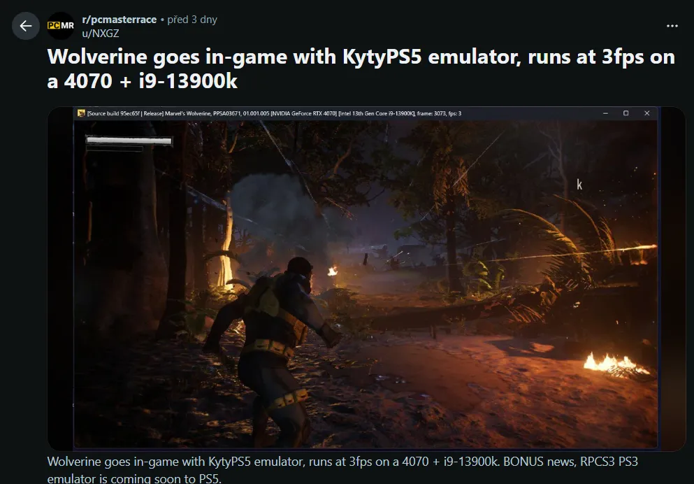 Snímek z Redditu ohledně Wolverina na PC / Zdroj: Reddit