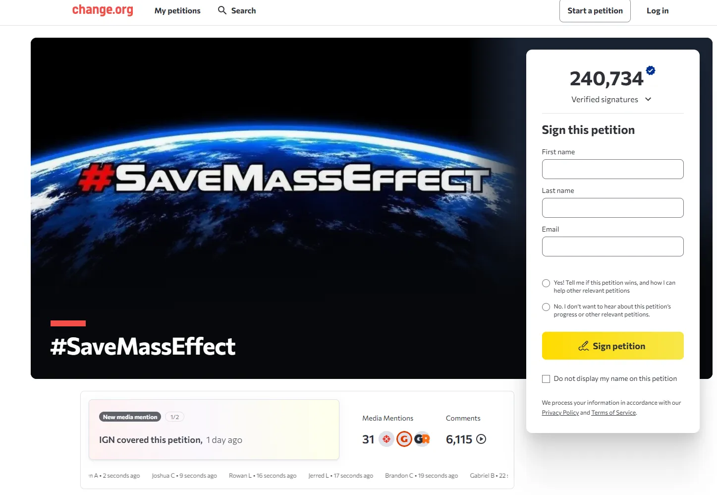 PETICE PRO ZÁCHRANU MASS EFFECT